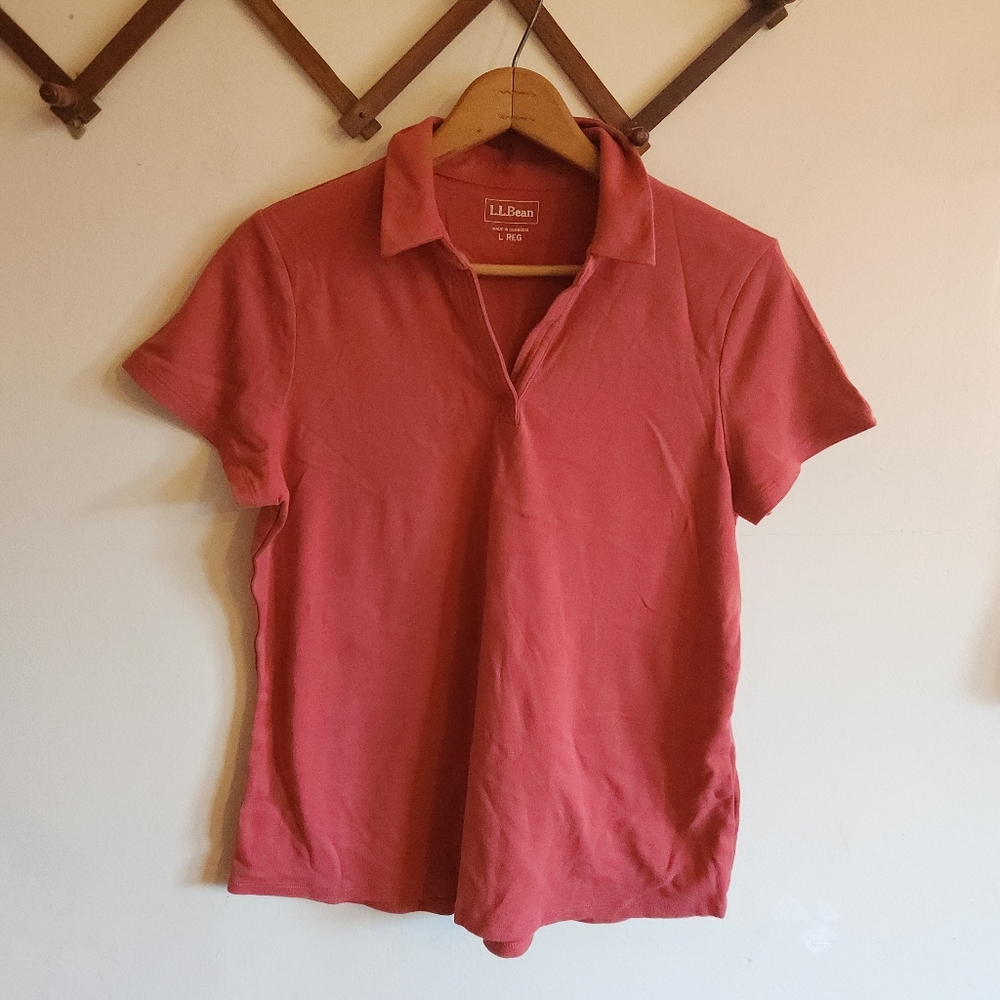 L.L. Bean Popover Short Sleeve Polo Shirt Salmon Pink Large